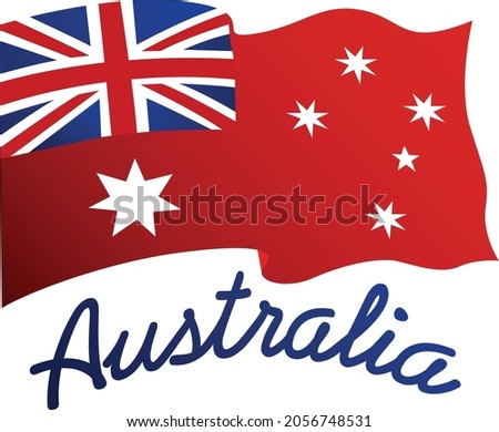 Australian Red Ensign flag in wind with word Australia .