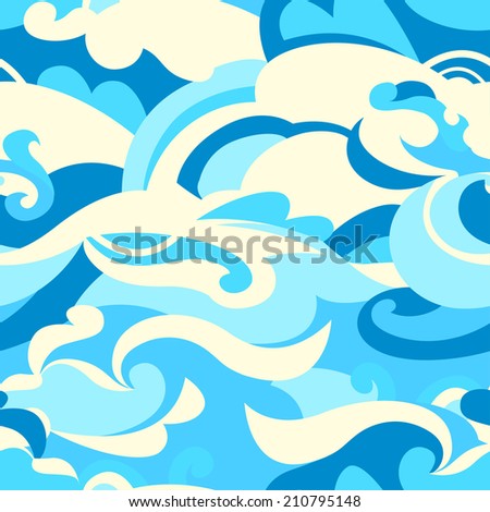 Graphic tropical surf waves in a seamless pattern.