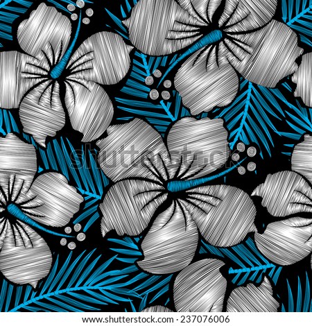 Hibiscus tropical floral embroidery seamless pattern .