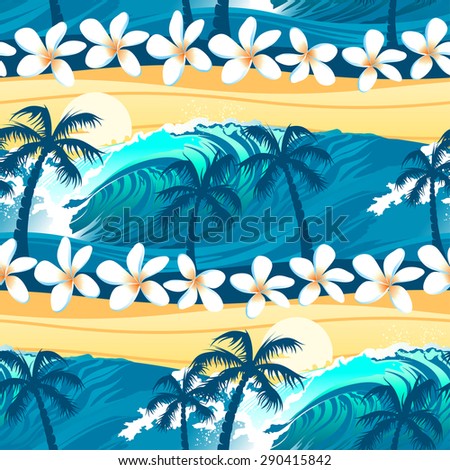 Tropical surfing with palm trees seamless pattern.
