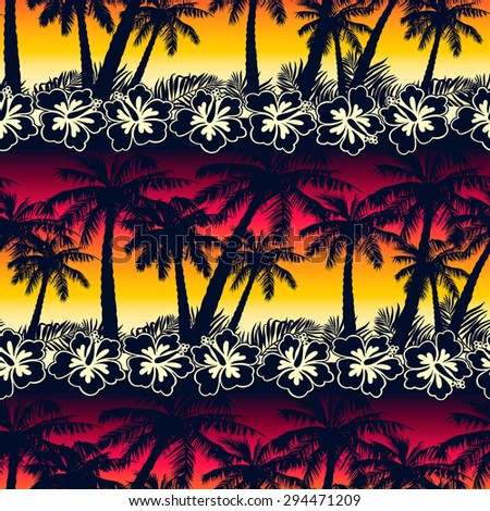 Tropical palm tree at sunset with hibiscus flowers seamless pattern.