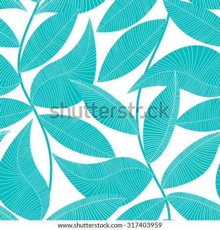 Turquoise and white tropical leaf seamless pattern .