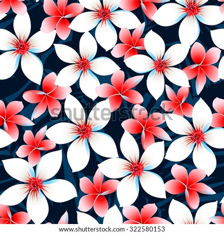 Red white and blue tropical flowers seamless pattern.