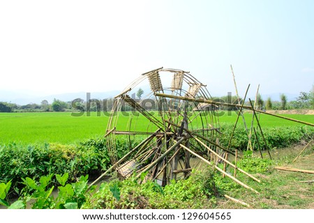 Bamboo water wheel. The use of water power for irrigation,Thailand