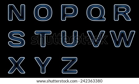 Blue neon text set isolated on a black background.
