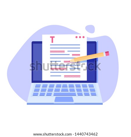 Editable online document. Creative writing and storytelling, copywriting . Online education, distant learning concept. Vector illustration.