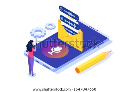 Voice messages, Voice recognition isometric concept with character. Can use for web banner, landing page template, infographics.