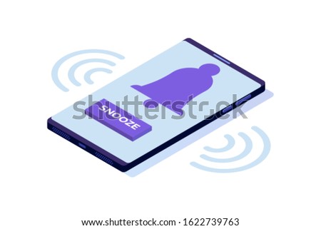 Smart phone alarm clock with snooze button. Isometric Vector illustration.