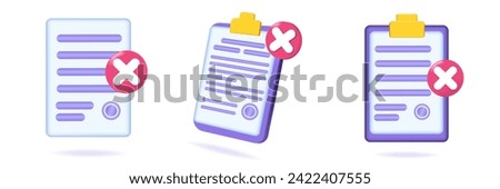 Rejected document icon set. 3D Vector illustration.