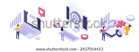 Cross-posting social, Social network, media promotion, push advertising concept. Isometric Vector illustrations set for banner, website, landing page, flyer.