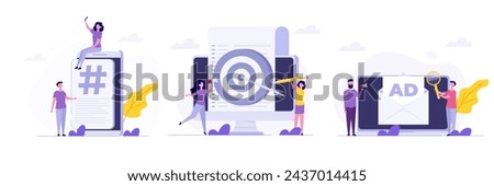 Cross-posting social, Social network, media promotion, push advertising concept. Flat Vector illustrations set for banner, website, landing page, flyer.