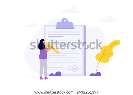 Woman signing contract, holding a pen near a document and agreement.  Signing bilateral contract. Flat vector illustration.