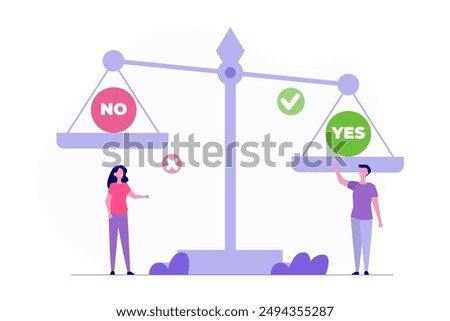 Making the right decision,  risk management concept. People standing next to large scales with 'No' and 'Yes' signs