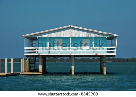 Blue and White Stilt House in Stiltsville Florida near Miami