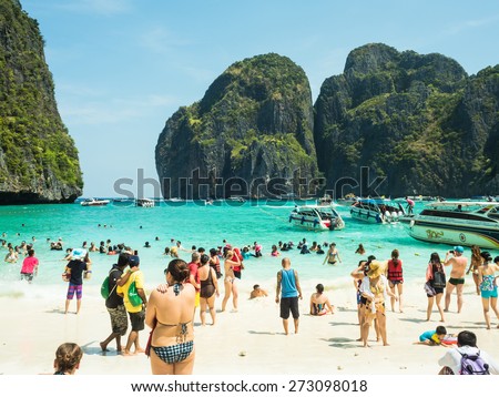 PHI PHI ISLAND,THAILAND-April 21, 2015: Tourists on the wonderful Maya beach of Phi Phi Leh island Thailand on April 21, 2015.