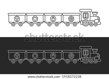 Black and white toy train. Set of outline vector illustrations