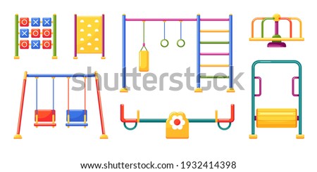 Sports and entertainment equipment for playground. Carousel, swing, seesaw, horizontal bar, game module noughts and crosses, climbing wall and treadmill drum. Set of vector colorful illustrations