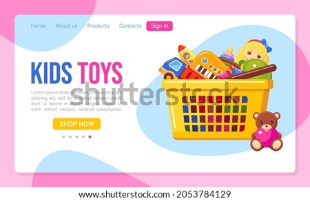 Landing page template for kids toys store with yellow shopping basket. Vector colorful illustration for website, homepage, app design, internet banner.