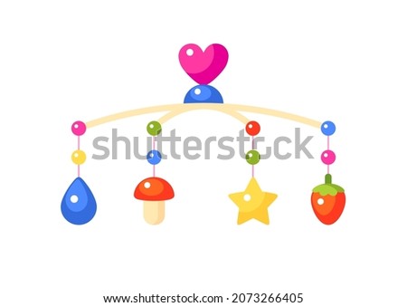 Baby crib musical mobile with toys. Hanging rotating rattles for newborns. Vector colorful illustration isolated on white background