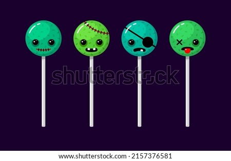 Halloween zombie lollipops for trick or treat tradition. Scary characters, creepy candy set. Vector colorful cartoon illustrations isolated on dark background