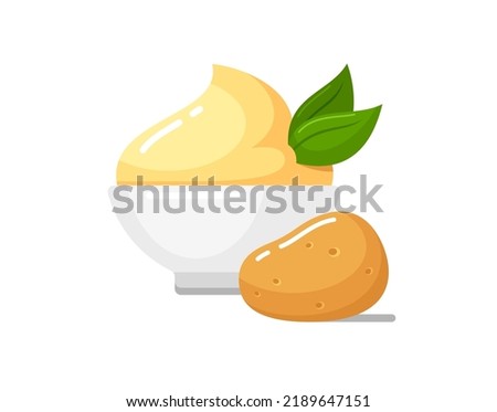Mashed potatoes in white bowl. Boiled vegetable side dish icon with green leaves and potato tuber. Vector flat illustration isolated on background