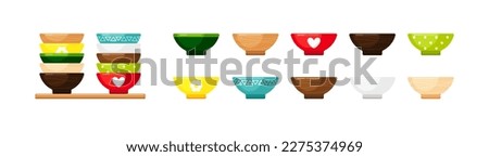 Empty ceramic bowls, deep plates or dishes for soup and salad. Vector cartoon set of kitchen tableware, bright plastic or pottery utensil in stack on shelf and isolated on white background