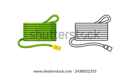 Garden hose icons. Coiled rubber hosepipe with connector for pipes, taps, rainwater tanks. Agricultural equipment. Vector outline and colorful flat illustrations isolated on white background