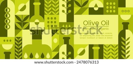 Geometric background with olive oil in bottles, black and green fruits and leaves. Vector abstract banner in minimal style with Mediterranean virgin cooking oil in glass jugs and olive branches