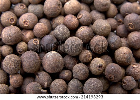 Allspice (jamaica pepper) berries texture, background full frame. Used as a spice in cuisines all over the world. The plant is also used in medicine.