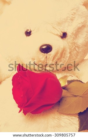 Soft plush teddy bear toy clutching a single red rose in its arm retro
