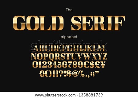 Gold serif font and alphabet. Vintage abc, english letters and numbers