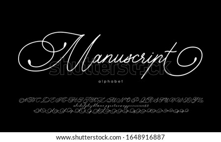 Vector Handwritten Script Font and Alphabet. Calligraphic decorative abc isolated on white background. Lettering for designs: banner, poster, greeting card, invitation.