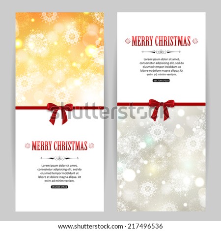 Merry Christmas Golden And Silver Banners With Snowflakes, Ribbons And