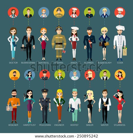 Profession people and avatars collection. Cartoon different characters and different clothes. Flat style design. Vector illustration.