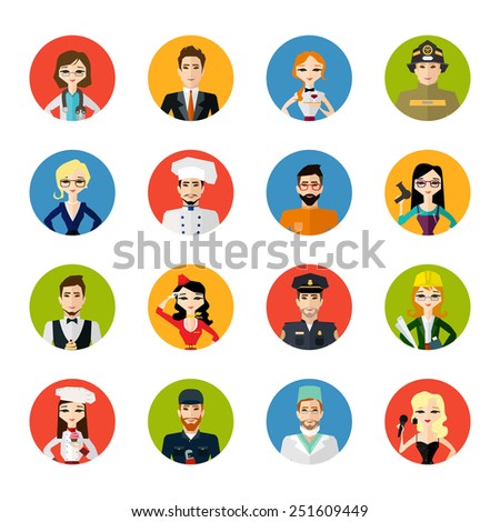 Profession people collection isolated on white background. Cartoon different characters and different clothes. Flat style design icons set for web and mobile applications. Vector illustration.