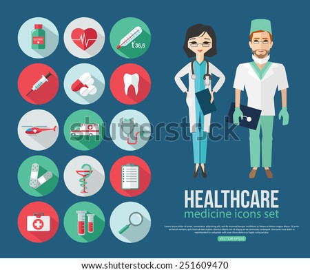 Set of medical healthcare flat icons. Doctor and dentist professional people. Vector illustration.