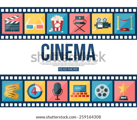 Film strips and cinema icons set for infographics, presentation templates, web and mobile apps. Flat style design. Vector illustration.