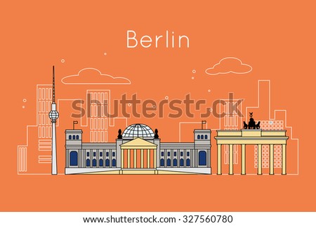 Berlin City travel vector background. Trendy outline style Berlin attraction. Detailed skyline silhouette.