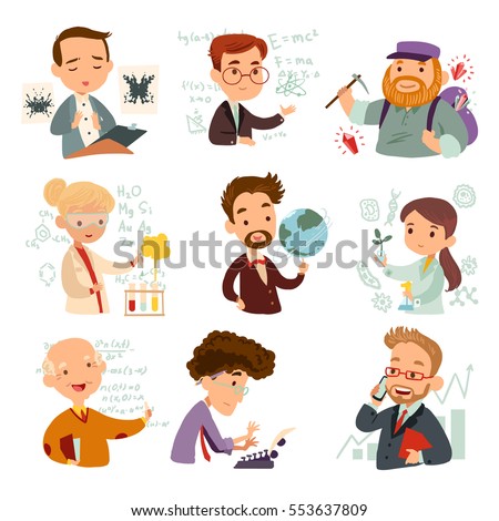 Set of cartoon characters scientists isolated on white background. Vector illustration