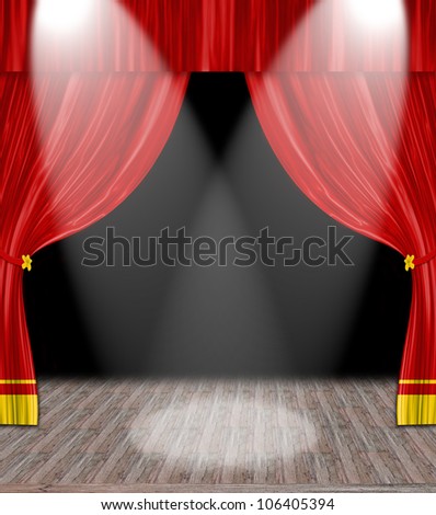 Curtain of a theater with spot lights directed to the stage center