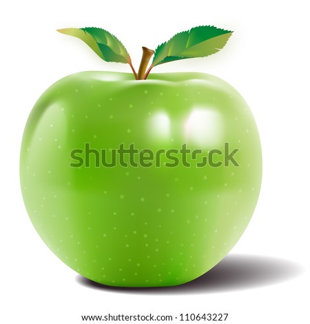 Green apple with two leaves and a reflection on the skin shiny