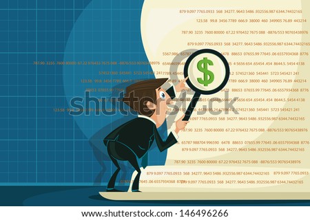 easy to edit vector illustration of businessman looking on dollar through magnifying glass
