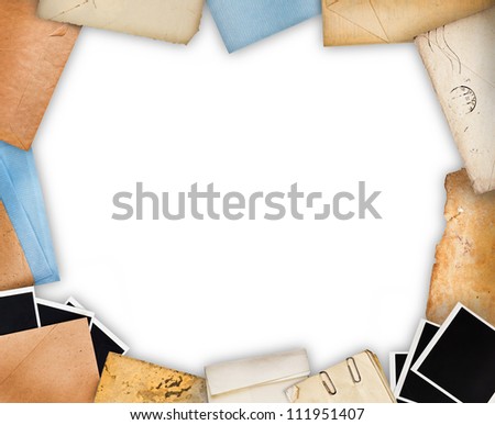 Frame with old paper and instant photos. Objects over white background