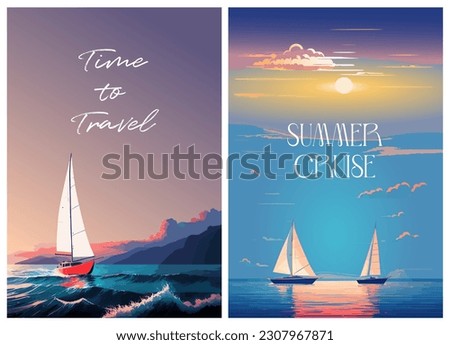 Time to travel, sea adventures. Sailing yacht in the sea at sunset. Vertical Orientation. Vector set for covers, prints, posters