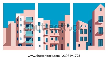 Real estate, facades of residential buildings. Vertical orientation. Flat illustrations, urban background. Vector set for covers, prints, banners