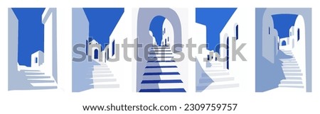 Street view of Traditional Santorini Greece architecture, white houses, arcs, stairs. Flat style, minimalistic. Vertical Orientation. Vector illustration set for covers, prints, posters