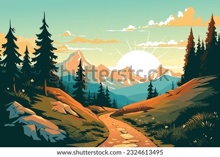 Mountain valley, flat colors poster. Travel and adventure. Vector illustration