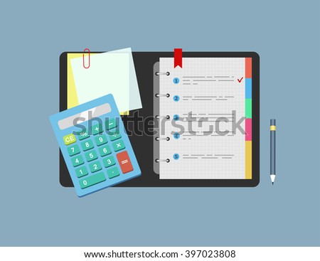 Calculator, notepad, note paper and pencil lie on the table.  Concept of planning , analysis. Vector illustration.