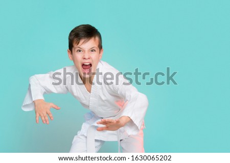 Karate young boy in white uniform makes a hit aggressively shouting o n blue background Stock fotó © 