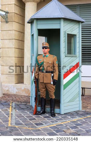 BUDAPEST, HUNGARY - JULY 24, 2014 : Ceremonial guard at the Presidential Palace. They guard the entrance of the Presidents office in the Sandor Palace, Budapest